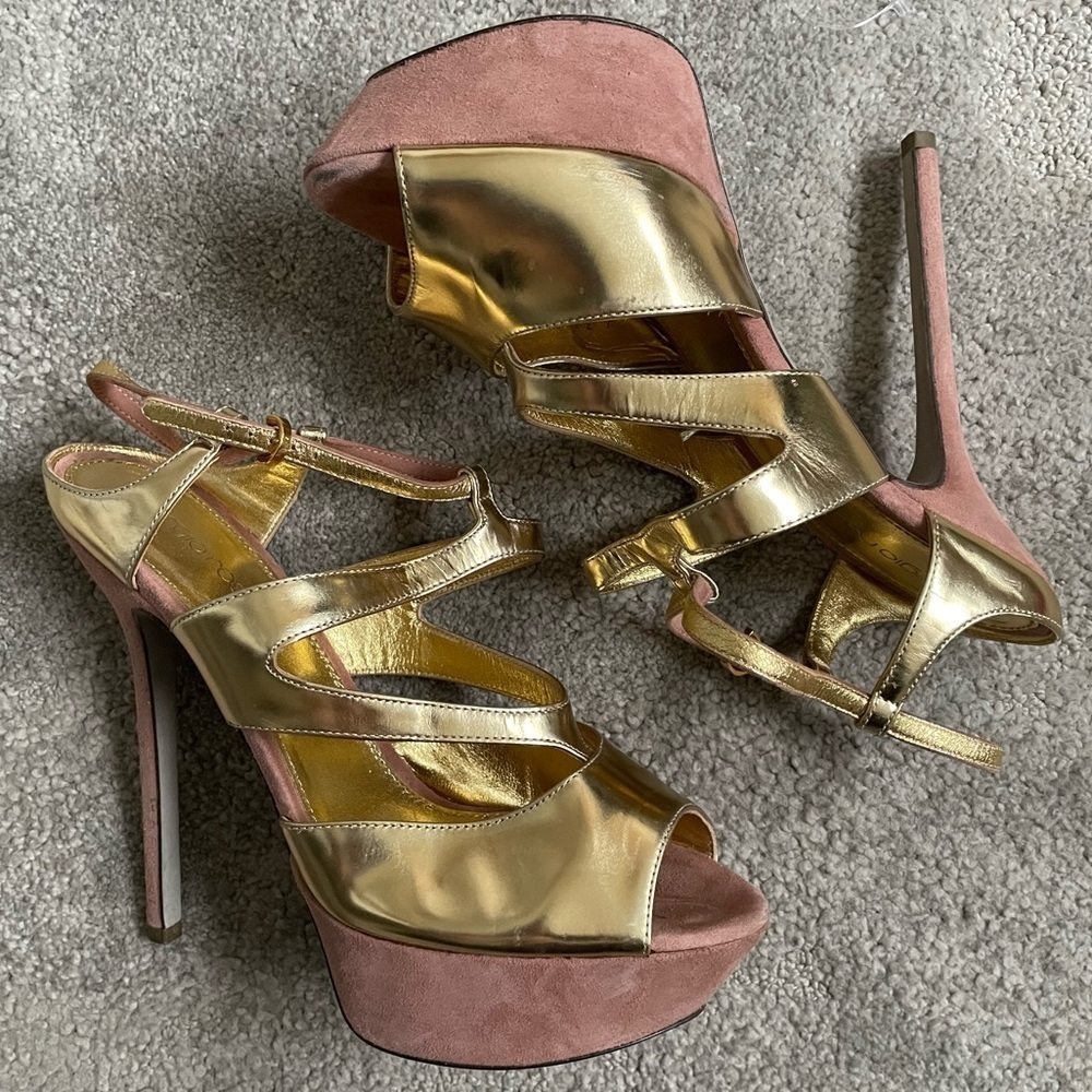 Sergio Rossi Gold Metallic Strappy Color Block Platform Sandals EUC Size 38.5